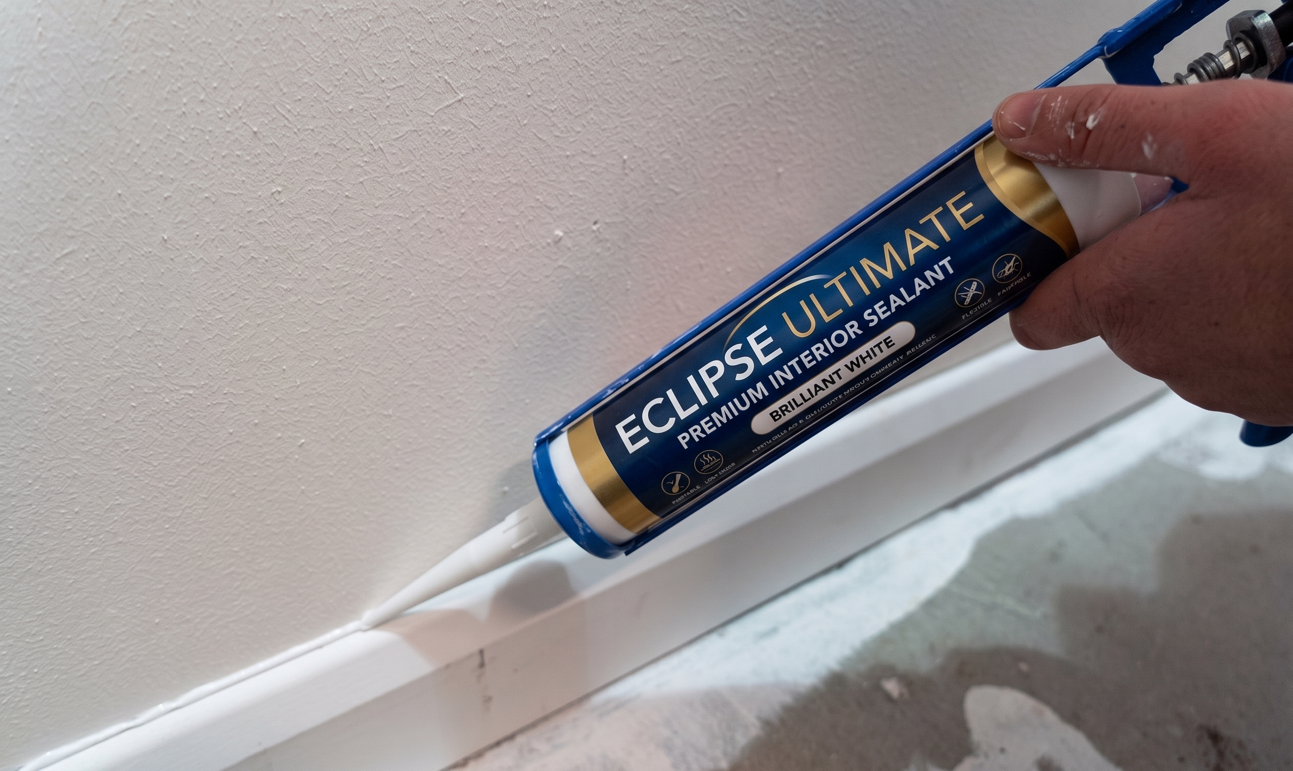 Applying Eclipse Ultimate white interior sealant on wall trim for a smooth finish