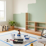 A room with paint cans and various tools scattered across the floor, indicating a painting project in progress