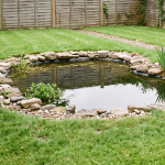 Back garden with small rock-bordered pond surrounded by green grass and a wooden fence